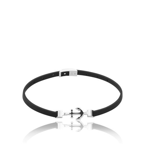 Unisex black rubber bracelet, sterling silver clasp and black enamel ancor.