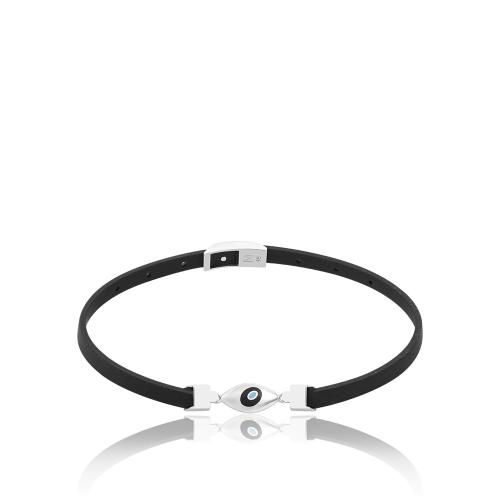 Unisex black rubber bracelet, sterling silver clasp and black enamel evil eye.