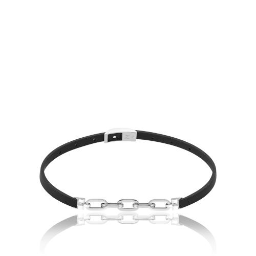 Unisex black rubber bracelet, sterling silver clasp and chain.