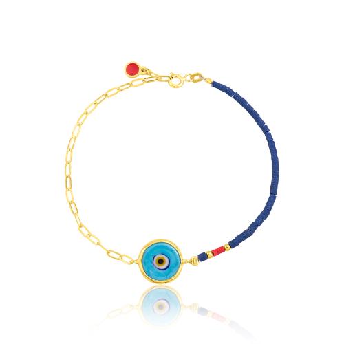 24K Yellow gold plated sterling silver bracelet, Murano glass evil eye and blue semi precious stones.