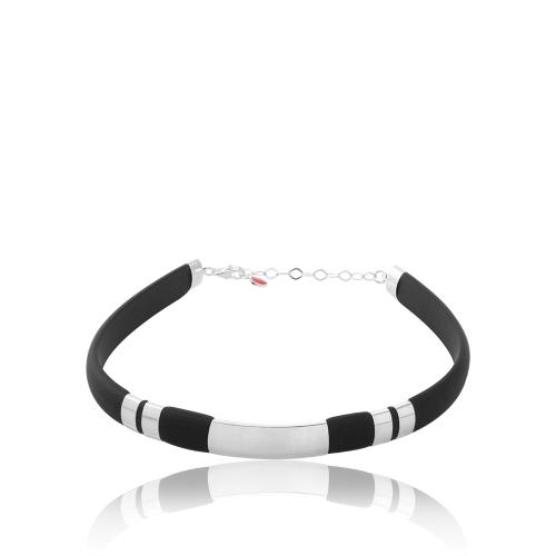Unisex black rubber bracelet, sterling silver clasp and bar.