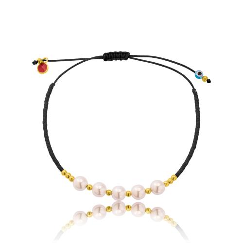 Black macrame bracelet, 24Κ Yellow gold plated sterling silver, balls and pearls.