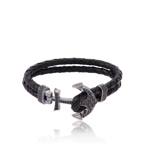 Black rhodium plated sterling silver and black leather bracelet, black cubic zirconia ancor.