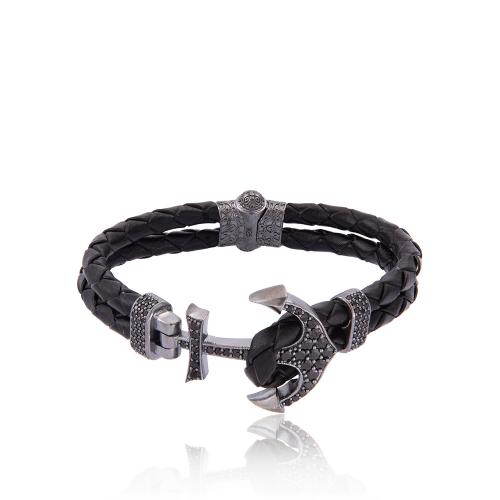 Black rhodium plated sterling silver and black leather bracelet, black cubic zirconia ancor.