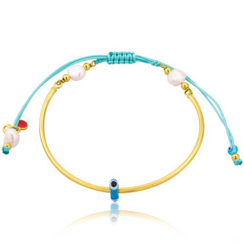 Turquoise macrame 24Κ yellow gold plated sterling silver bracelet, evil eye and pearls.