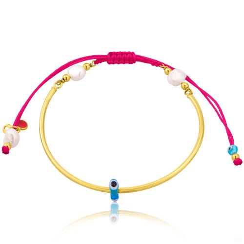 Fuchsia macrame 24Κ yellow gold plated sterling silver bracelet, evil eye and pearls.