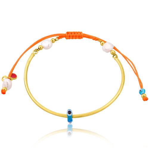 Orange macrame 24Κ yellow gold plated sterling silver bracelet, evil eye and pearls.