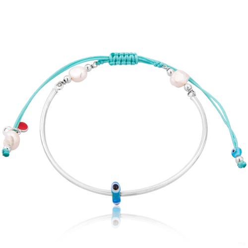 Turquoise macrame sterling silver bracelet, evil eye and pearls.