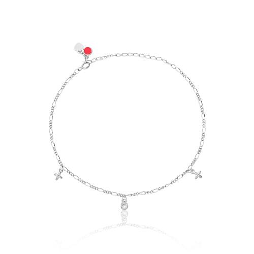 Sterling silver anklet, white cubic zirconia crosses and solitaire.