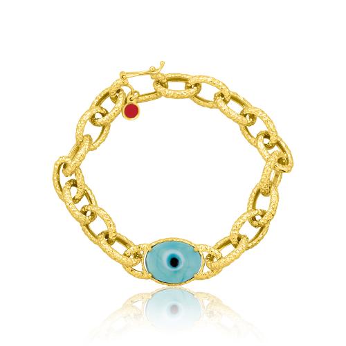24K Yellow gold plated sterling silver bracelet, hammered chain and evil eye.