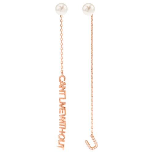 Rose gold sterling silver earrings, "CAN'T LIVE WITHOUT U" with white cubic zirconia and pearls.