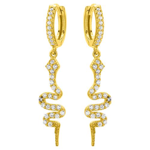 Yellow gold plated sterling silver hoops, white cubic zirconia snake.