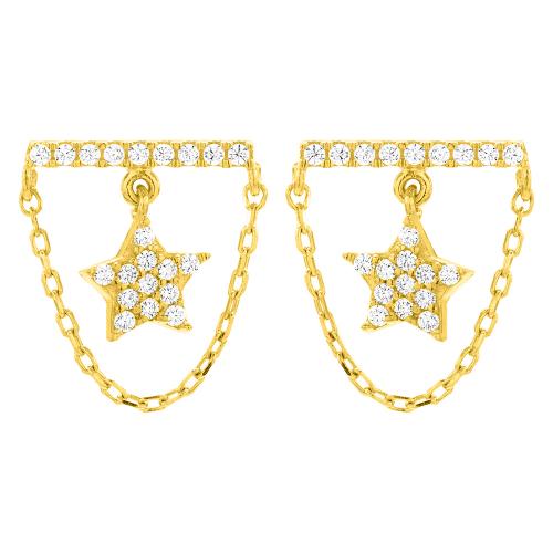 Yellow gold plated sterling silver earrings, white cubic zirconia star and bar and chain.