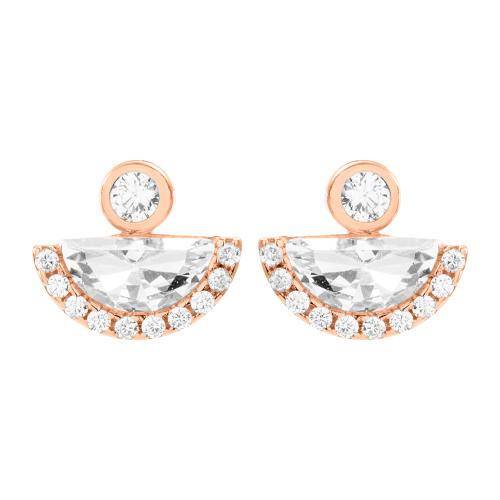 Rose gold plated sterling silver earrings, white cubic zirconia semicircle and crystal.
