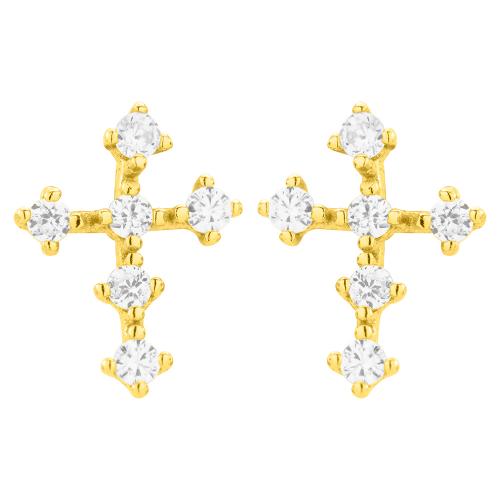 Yellow gold plated sterling silver earrings, white cubic zirconia cross.