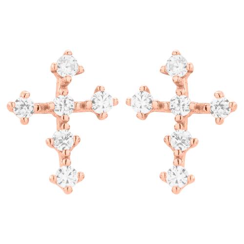 Rose gold plated sterling silver earrings, white cubic zirconia cross.