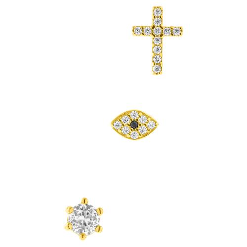 Yellow gold plated sterling silver earrings giftbox set, white cubic zirconia evil eye and cross, solitaire.
