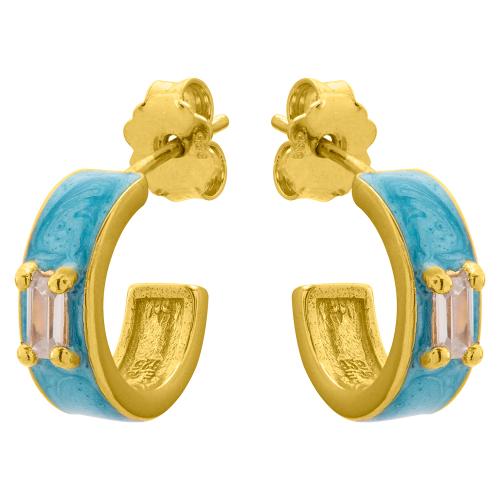 Yellow gold plated sterling silver hoops, turquoise enamel and white cubic zirconia.