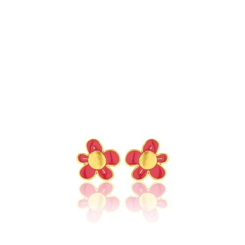 24Κ Yellow gold plated sterling silver children's earrings, red enamel flower.