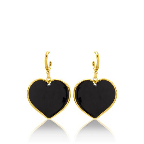 24Κ Yellow gold plated sterling silver earrings, black murano glass heart.