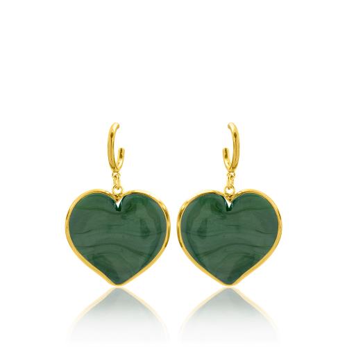 Σκουλαρίκια ασήμι 925, κίτρινο επιχρύσωμα 24Κ, πράσινη καρδιά από γυαλί μουράνο.