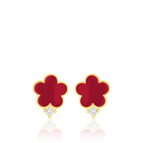 24Κ Yellow gold plated sterling silver children's earrings, red enamel flower and white solitaire.