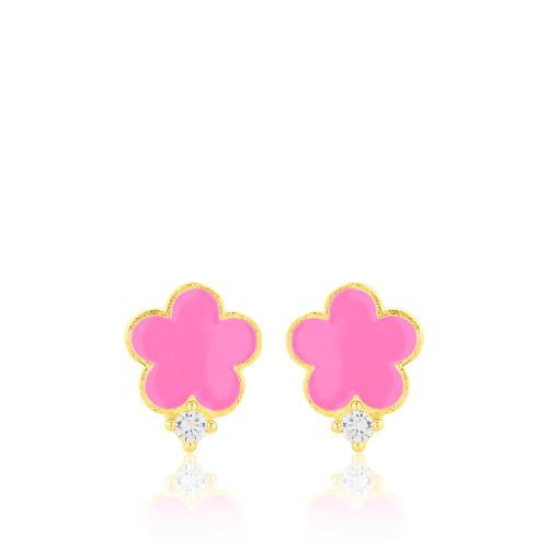 24Κ Yellow gold plated sterling silver children's earrings, pink enamel flower and white solitaire.
