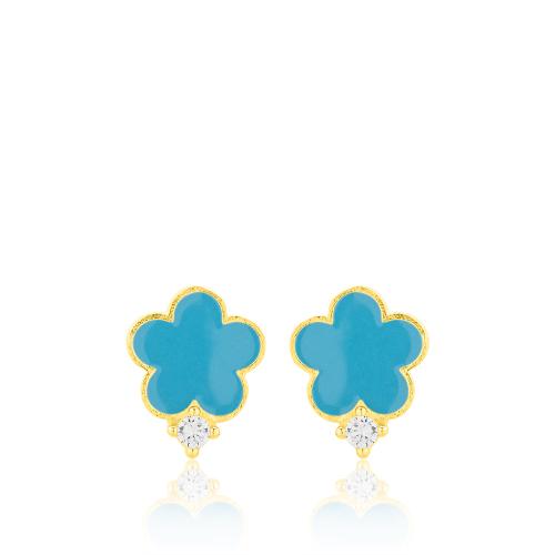 24Κ Yellow gold plated sterling silver children's earrings, turquoise enamel flower and white solitaire.