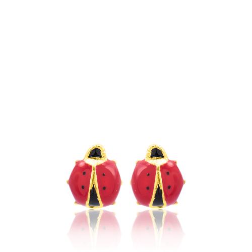 24Κ Yellow gold plated sterling silver children's earrings, red enamel ladybug.