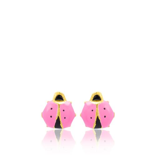 24Κ Yellow gold plated sterling silver children's earrings, pink enamel ladybug.