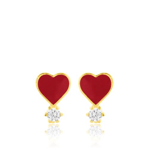 Παιδικά σκουλαρίκια ασήμι 925, κίτρινο επιχρύσωμα 24Κ, καρδιά με κόκκινο σμάλτο και λευκό μονόπετρο.