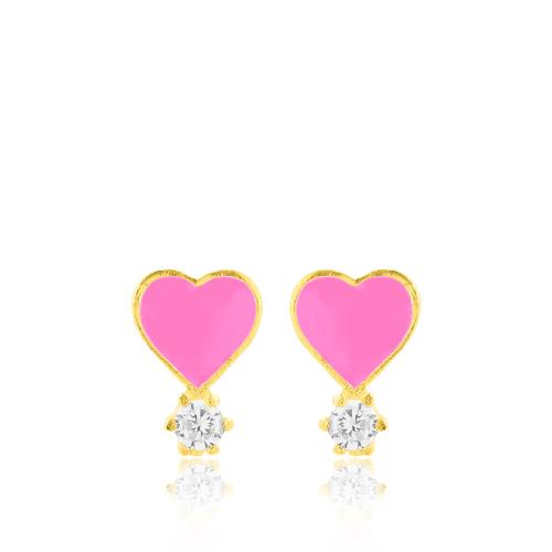 Παιδικά σκουλαρίκια ασήμι 925, κίτρινο επιχρύσωμα 24Κ, καρδιά με ροζ σμάλτο και λευκό μονόπετρο.