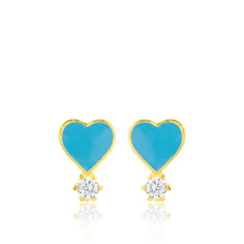 24Κ Yellow gold plated sterling silver children's earrings, turquoise enamel heart and white solitaire.