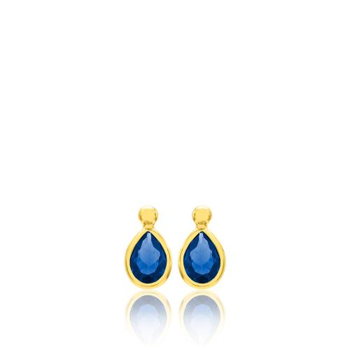 Yellow gold plated sterling silver earrings, blue cubic zirconia teardrop.