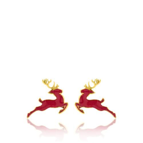 24Κ Yellow gold plated sterling silver children's earrings, red enamel deer.