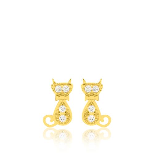24Κ Yellow gold plated sterling silver children's earrings, white cubic zirconia cat.