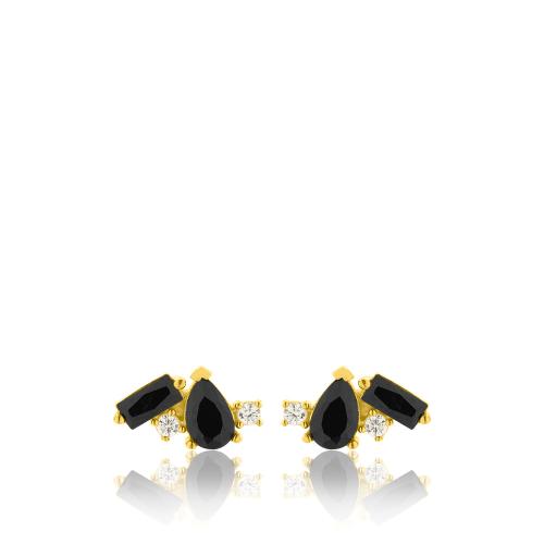 24Κ Yellow gold plated sterling silver earrings, black solitaires and white cubic zirconia.