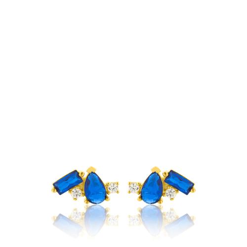 24Κ Yellow gold plated sterling silver earrings, blue solitaires and white cubic zirconia.