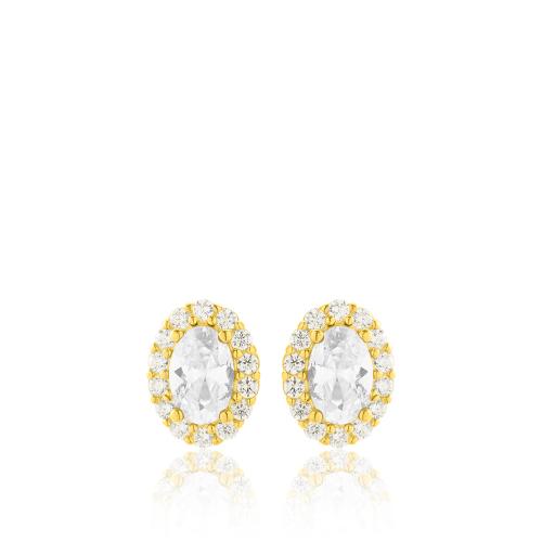24Κ Yellow gold plated sterling silver earrings, white cubic zirconia rosette and white solitaire.