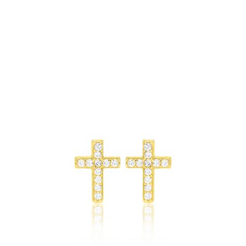 Σκουλαρίκια ασήμι 925, κίτρινο επιχρύσωμα 24Κ, σταυρός με λευκά ζιργκόν.