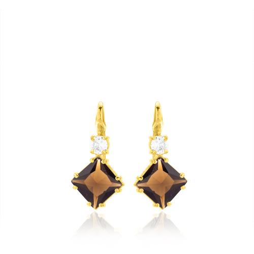 24Κ Yellow gold plated sterling silver earrings, brown rhombus solitaire and white cubic zirconia.