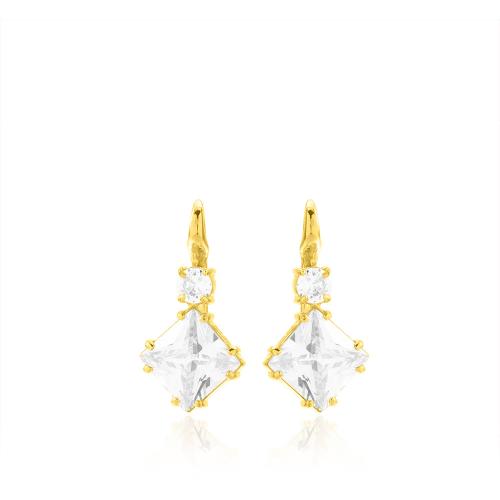 24Κ Yellow gold plated sterling silver earrings, white rhombus solitaire and white cubic zirconia.
