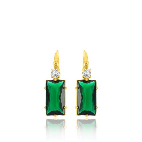 24Κ Yellow gold plated sterling silver earrings, green rectangle solitaire and white cubic zirconia.