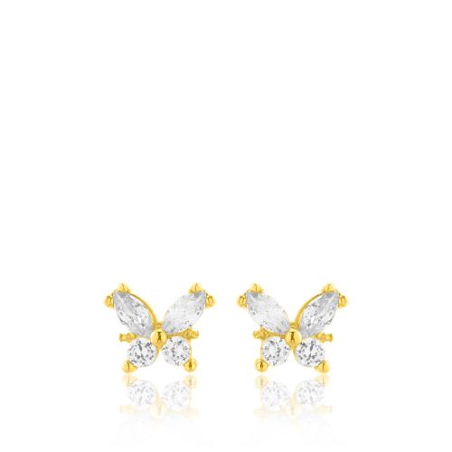 24Κ Yellow gold plated sterling silver earrings, white cubic zirconia butterfly.