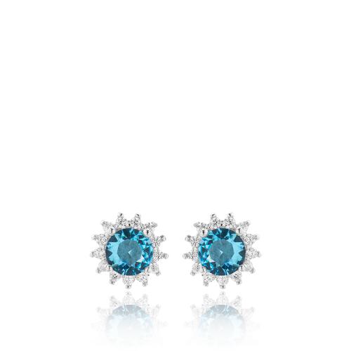 Sterling silver earrings, white cubic zirconia rosette and light blue solitaire.