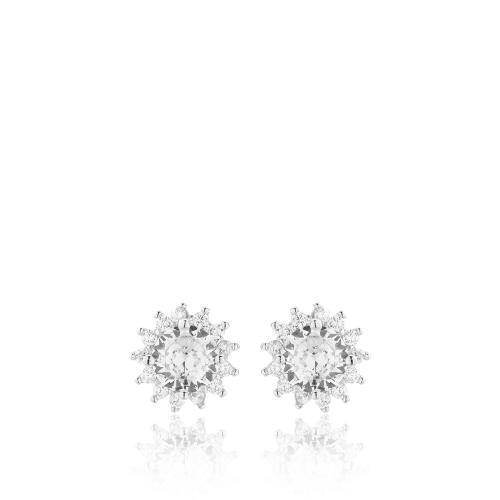 Sterling silver earrings, white cubic zirconia rosette and solitaire.