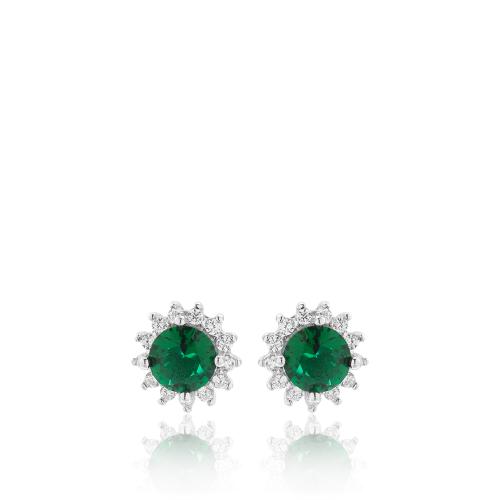 Sterling silver earrings, white cubic zirconia rosette and green solitaire.