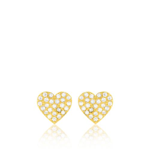 Σκουλαρίκια ασήμι 925, κίτρινο επιχρύσωμα 24Κ, καρδιά με λευκά ζιργκόν.