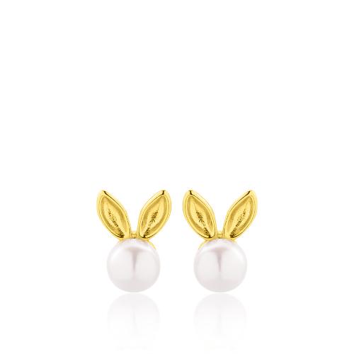 24Κ Yellow gold plated sterling silver earrings, rabbit and pearls.