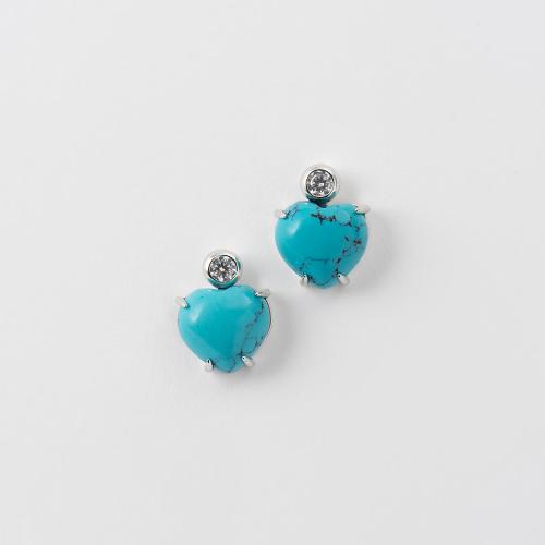 Sterling silver earrings, turquoise heart and solitaire.